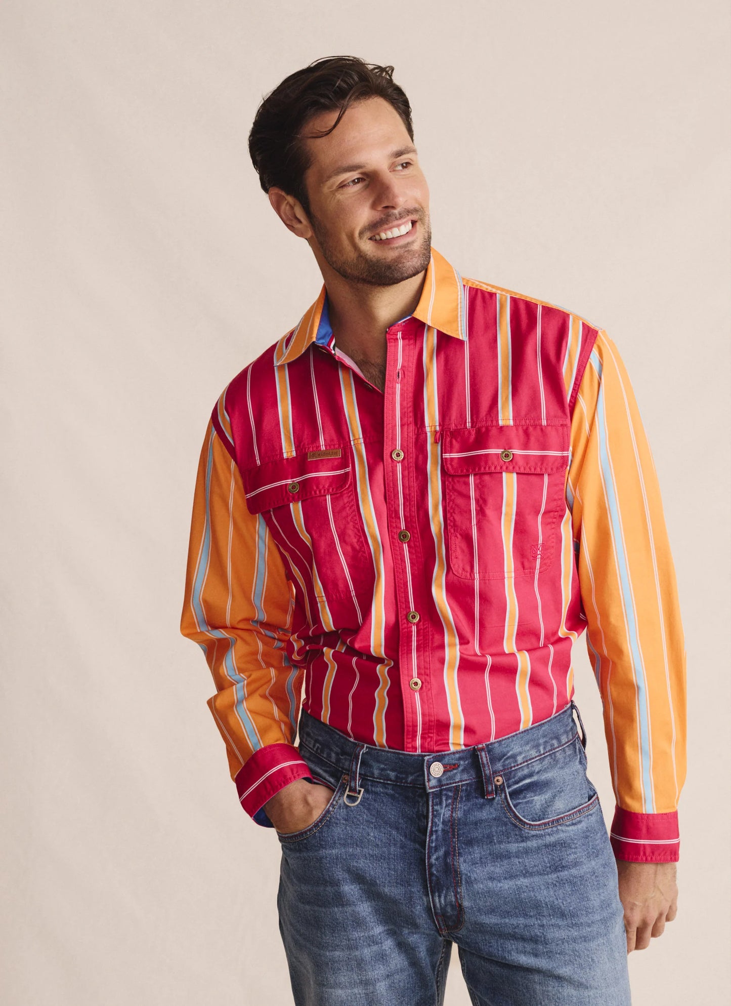 S. Kidman Armstrong Full Placket Work Shirt - Pink/Orange Stripe