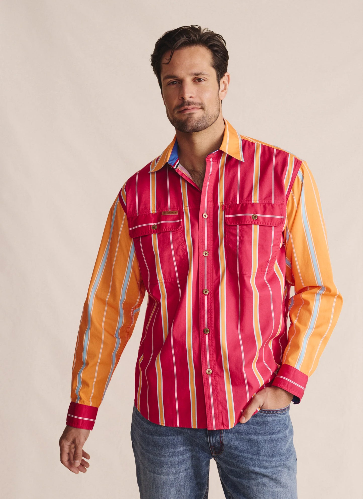 S. Kidman Armstrong Full Placket Work Shirt - Pink/Orange Stripe