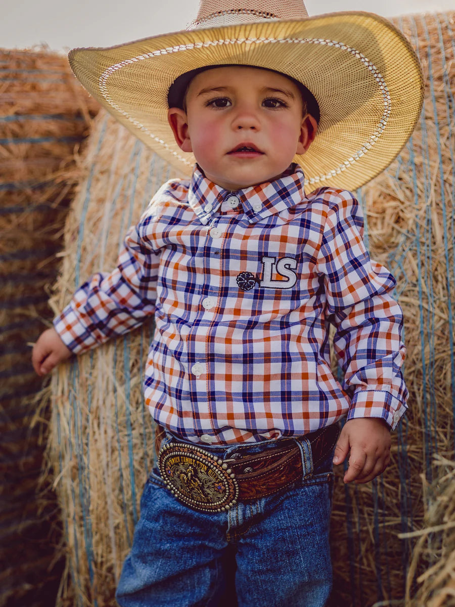 Allora Classic Long Sleeve Boys Romper - Orange & Blue Plaid