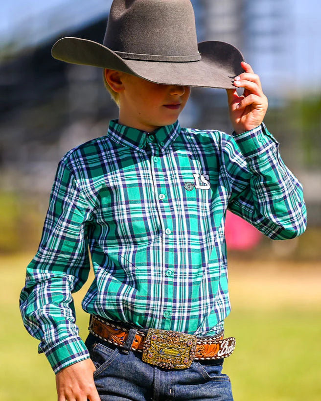 LS Boys Ballandean Classic Teen Dress Shirt - Green & White Plaid