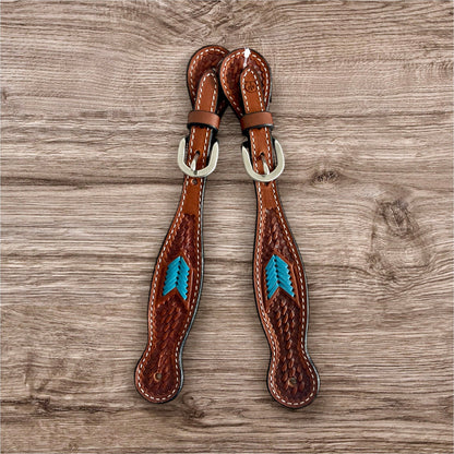 Ladies Basket Tooled Spur Straps with Blue Arrows