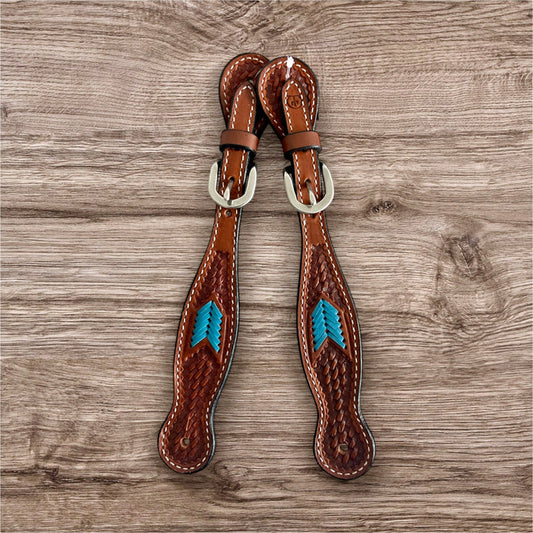 Ladies Basket Tooled Spur Straps with Blue Arrows