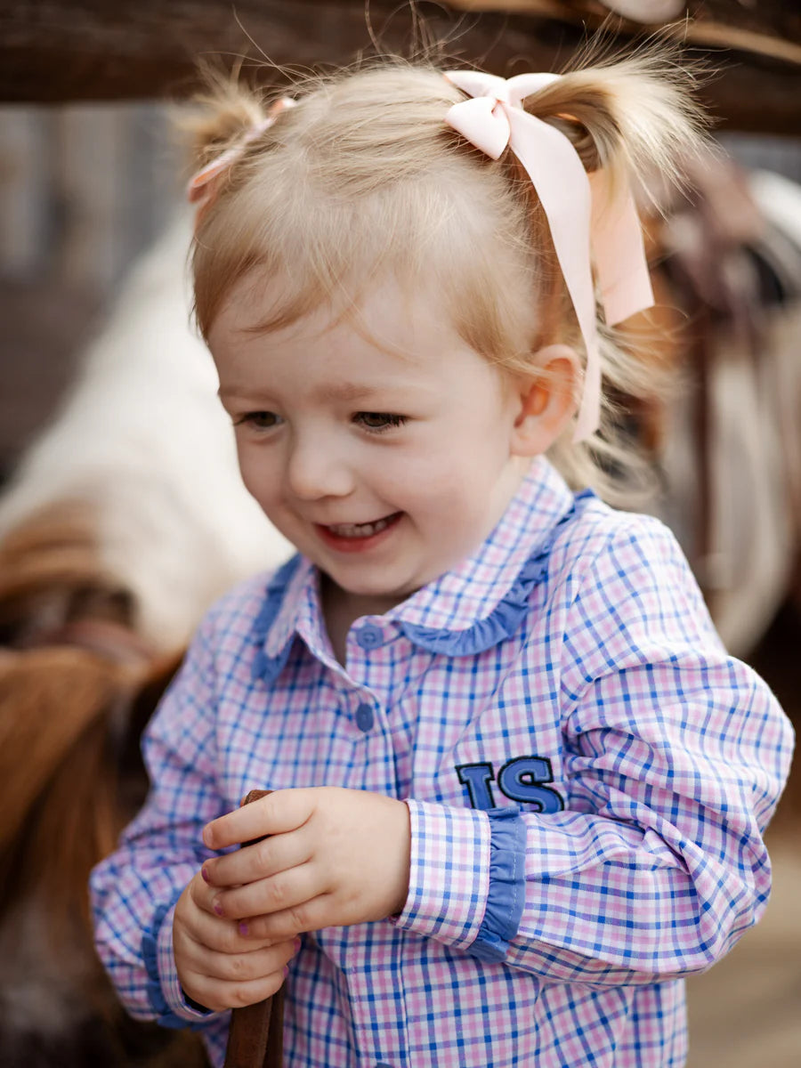 Withcott Long Sleeve Girls Romper - Pink & Blue Check