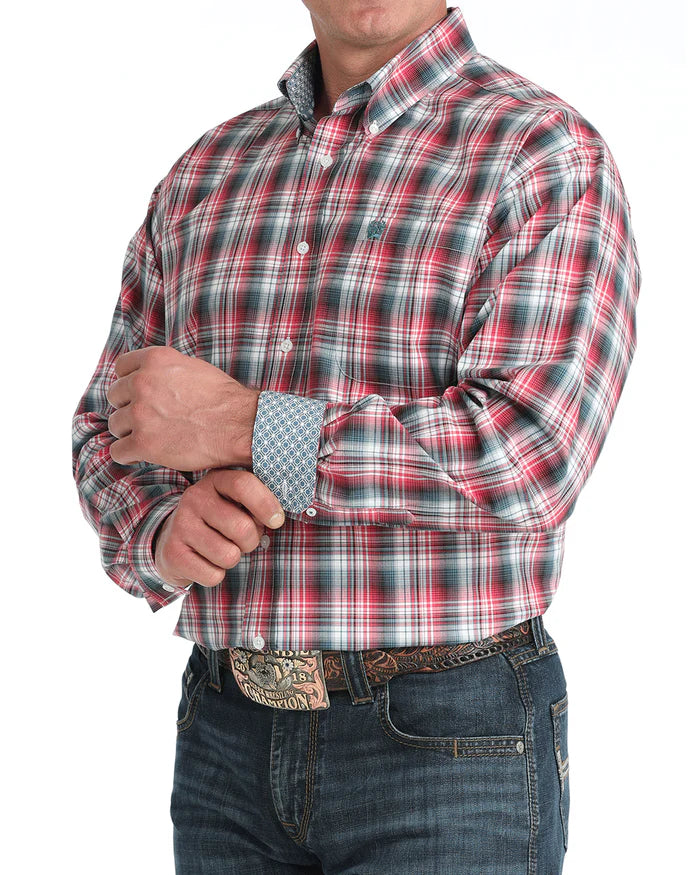 Cinch Mens Longsleeve Shirt - Red/White/Grey Plaid