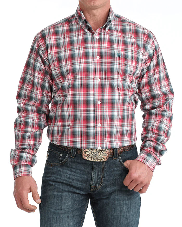 Cinch Mens Longsleeve Shirt - Red/White/Grey Plaid
