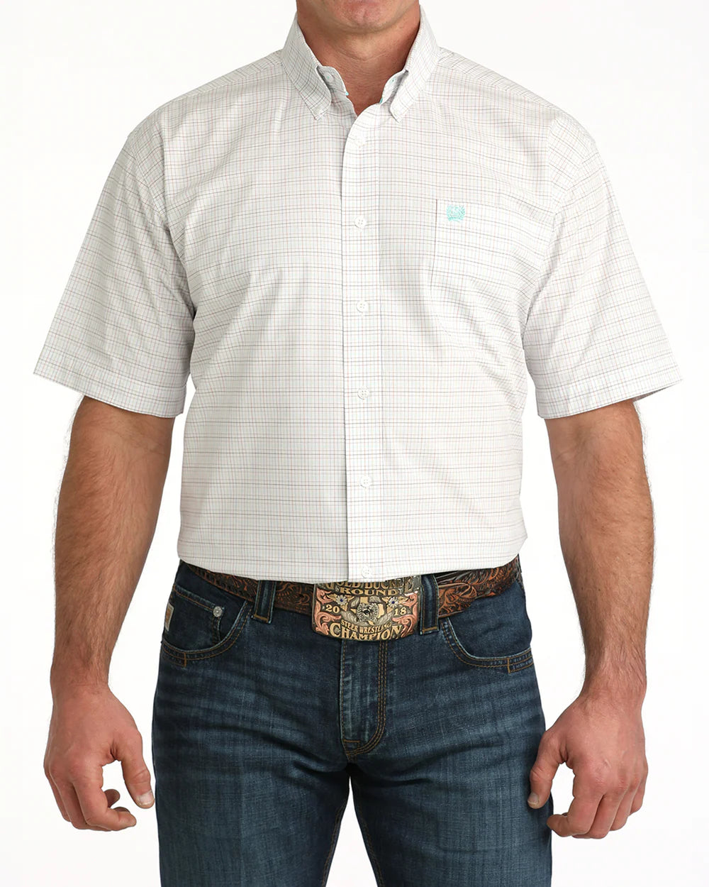 Cinch Mens Shortsleeve Shirt - White/Blue/Tan Plaid