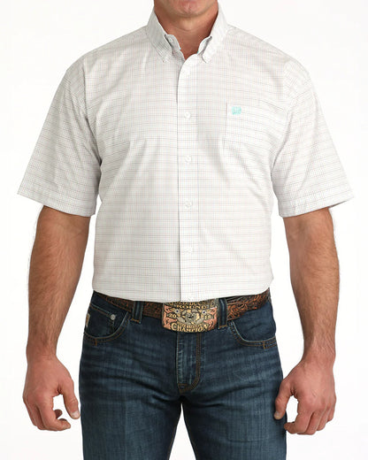 Cinch Mens Shortsleeve Shirt - White/Blue/Tan Plaid