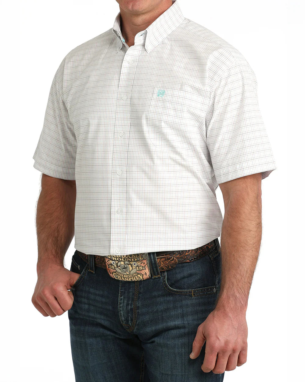 Cinch Mens Shortsleeve Shirt - White/Blue/Tan Plaid