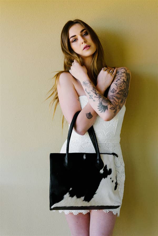 England Cowhide Tote Bag in Tan & White