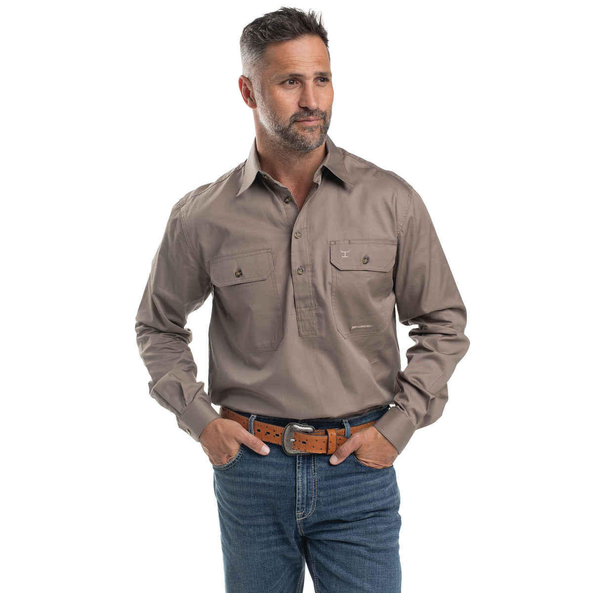 Just Country Cameron 1/2 Button Workshirt - Brown