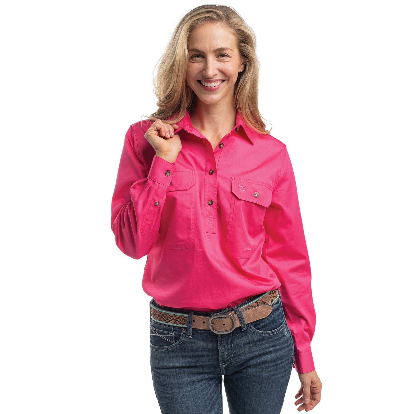Just Country Jahna 1/2 Button Workshirt - Hot Pink